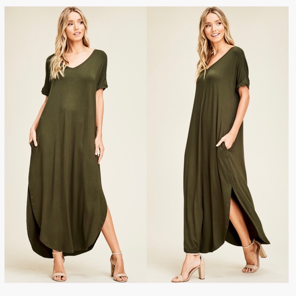 ROMY LONG MAXI DRESS LOOSE POCKETS OLIVE GREEN
